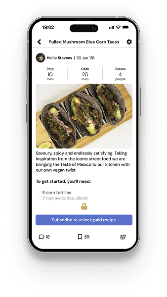 RecipeStack.io iOS app on iPhone 14 displaying a paywalled recipe for tacos